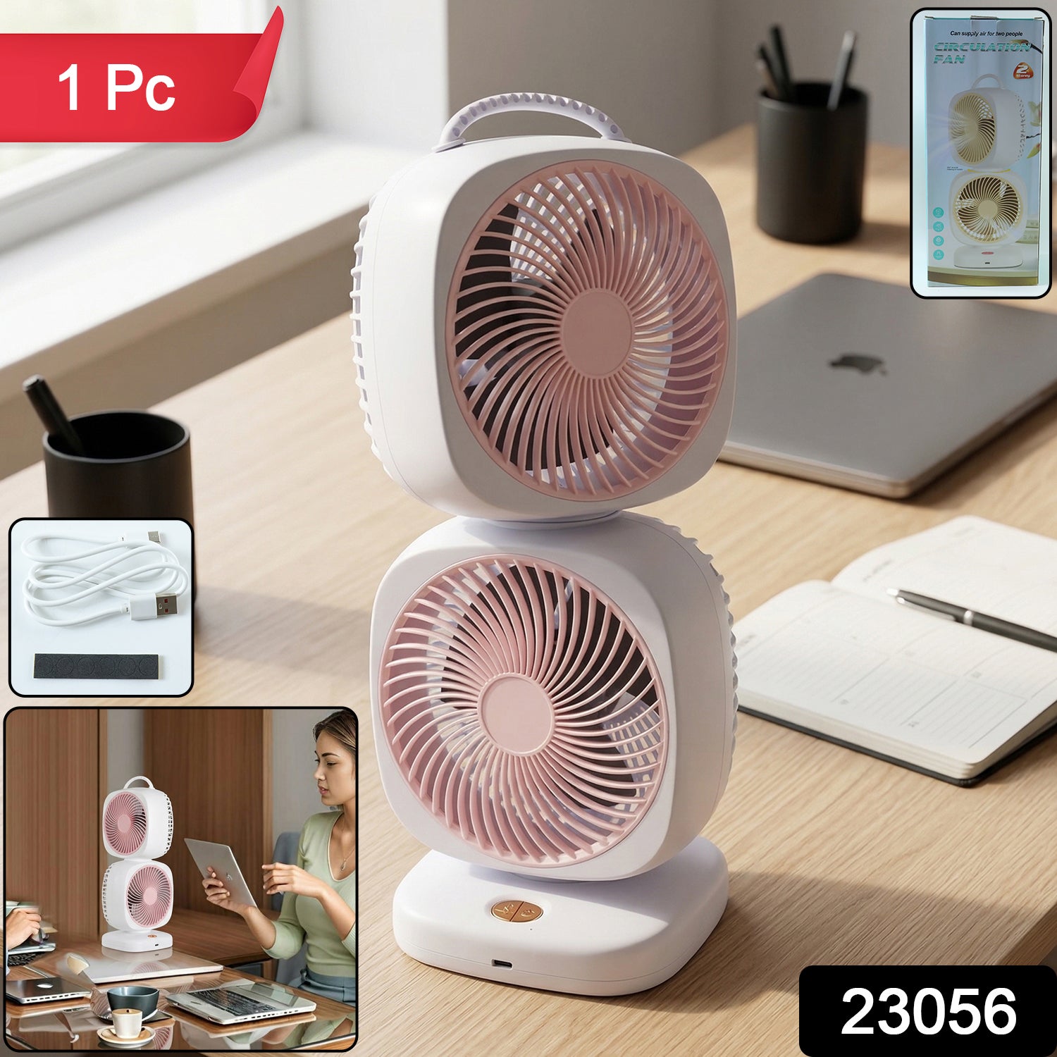 Portable Dual Head Usb Rechargeable Table Fan (1 Pc)