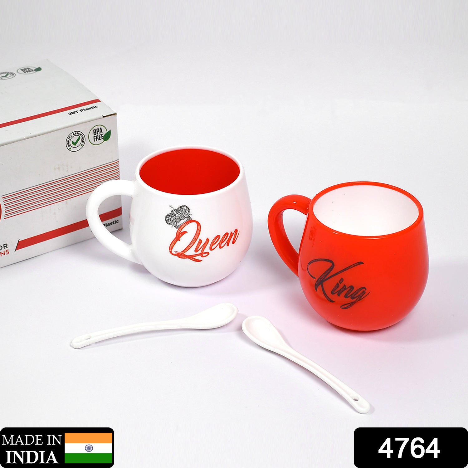 4764 King  Queen Printed Couple Matching Coffeetea Plastic Coffee Mug (300ml Set Of 2)
